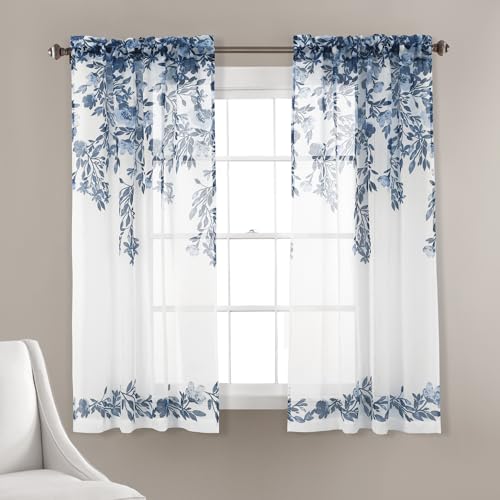 "Lush Decor Tanisha Sheer Window Curtain Panel Pair, 63"" L x 38"" W, Navy & White"