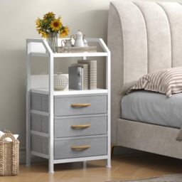 Feonase Bedside Table with 3 Fabric Drawers and Open Shelf, Nightstand for Bedroom, Living Room, Small Spaces – Metal Frame & Wooden Top, Compact Sofa End Table with Storage for Home Décor, Light Grey