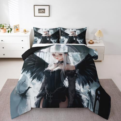 Erosebridal Anime Girl Bedding Set King Size, Kawaii Japanese Anime Comforter for Kids Boys Teens Adult, Cartoon Manga Girl Quilt Japan Animation Bedroom Decor, Machine Washable, Black White