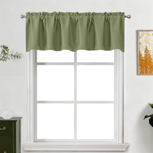 "Lecloud Sage Green Valance for Windows 16 Inch Length, Privacy Thermal Insulated Room Darkening Small Curtains, Farmhouse Rod Pocket Drapes for Bathroom Cabinet Camper RV Bunk, 60"" W x 16"" L 1 Panel"