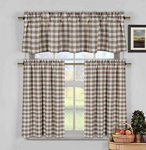 Duck River Textile Kingston Checker Kitchen Curtain & Tier Set, 58x15 (1 Piece) 29x36 (2 Pieces), Brown