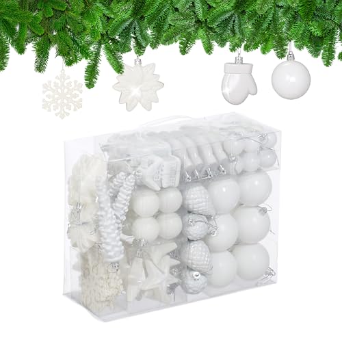 Relaxdays 100x Christmas Ornaments, Baubles, Glittering, Matte & Shiny, Tree Decorations, Plastic, 10 Designs, White