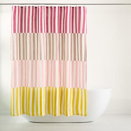 "TOWN & COUNTRY PLAY Adeline Offset Stripe Cotton-Rich Breathable Fabric Shower Curtain with Anti-Rust Grommets, Pink/Beige/Yellow, 70""x72"""