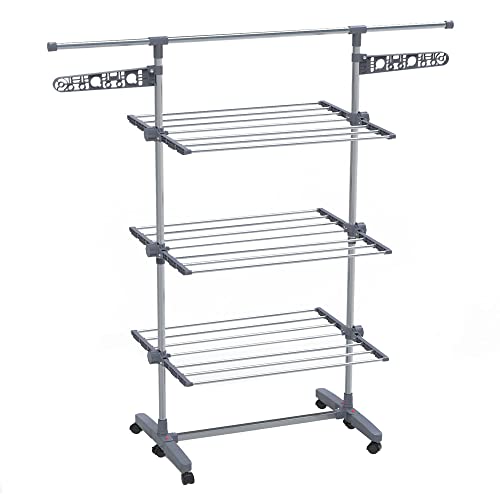 VOUNOT® 3 Tier Clothes Airer Drying Rack, Large Clothes Horse with Telescopic Rod & Wheels, Folding Stainless Steel Laundry Racks for Indoor Outdoor