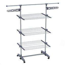 VOUNOT® 3 Tier Clothes Airer Drying Rack, Large Clothes Horse with Telescopic Rod & Wheels, Folding Stainless Steel Laundry Racks for Indoor Outdoor
