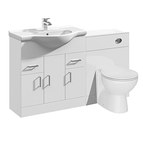 VeeBath Linx 1250 Vanity Unit Furniture Set, Wash Basin Bathroom Sink, WC, Toilet Pan, Soft Close, Quick Release Toilet Seat with Concealed Cistern-White (Flat Pack)