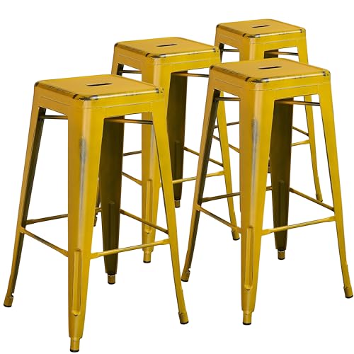 "Flash Furniture Commercial Grade 4 Pack 30"" High Backless Distressed Yellow Metal Indoor-Outdoor Barstool"