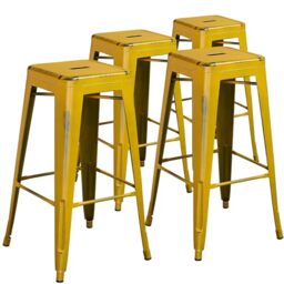 "Flash Furniture Commercial Grade 4 Pack 30"" High Backless Distressed Yellow Metal Indoor-Outdoor Barstool"