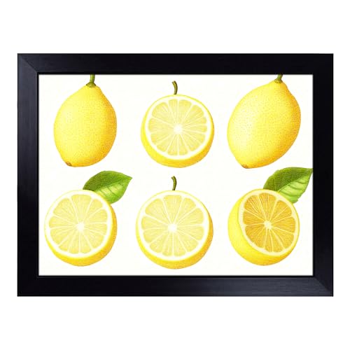 Lap Tray with Bean Bag Cushion, Lemon Fruit Pattern - Handmade in the UK, Raised Wooden Edge, Padded Cushion, Heat-Resistant Wipe-Clean Surface, for Meals, Laptops and Crafts
