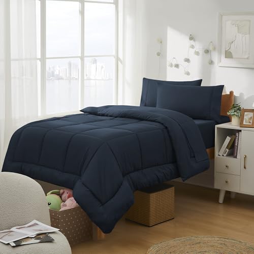 Sweet Home Collection Dorm Room Essentials College Bedding Comforter Set 7 Piece Full Size Bed in a Bag for College Students Boys and Girls, Full, Navy Blue