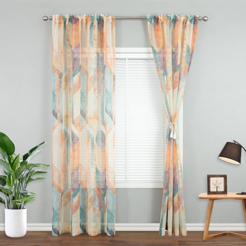 "Leeva Airy Sheer Curtains 84 inches Long 2 Panels Set, Rod Pocket Orange Geometry Print Pattern Voile Sheer Drapes for Living Room Bedroom, 52"" W x 84"" L"