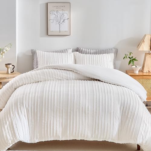 WARMDERN Duvet Cover Set 3 Piece Tufted Queen Duvet Cover Set White Microfiber Boho Bedding Set with Zipper Closure Wavy Stripes Duvet Cover and 2 Pillowcases (Queen, White)