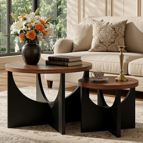 IRONCK Nesting Coffee Table, Set of 2 Nest Tables, Round Side Tables for Living Room, Small Wooden End Table for Living room, Bedroom, Walnut