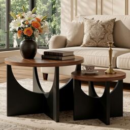 IRONCK Nesting Coffee Table Set of 2, Round Wooden Side Tables, Walnut