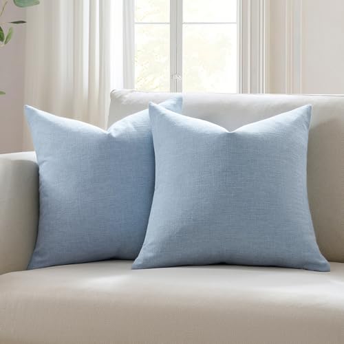Meekio Set of 2 Sky Blue Pillow Covers 22x22, Farmhouse Linen Decorative Throw Cushion Covers for Sofa Couch