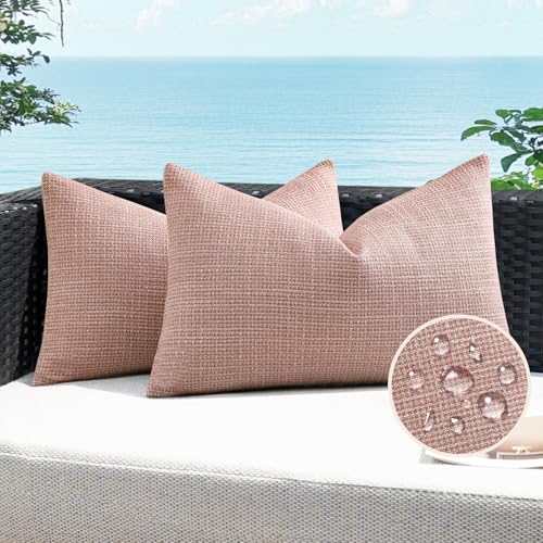 Artscope Outdoor Waterproof Throw Pillow Covers 16x24 Inch Decorative Linen Outdoor Pillows Cushion Case for Patio Couch Sofa - Pink