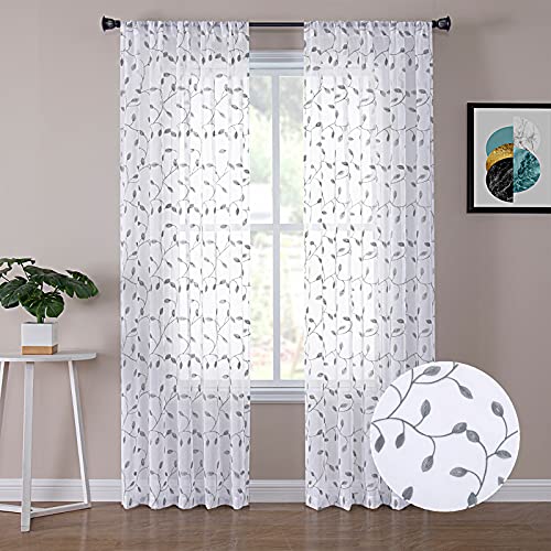 Tollpiz Leaves Sheer Curtain Grey Leaf Embroidery Living Room Curtains Rod Pocket Voile Faux Linen Embroidered Leaves Curtain for Bedroom, 54 x 95 inches Long, Set of 2 Panels