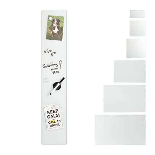 Relaxdays Glass Magnetic Dry Erase Memo Board 15 x 80 cm, Writable, 3 Magnets, Safety Glass Magnet Board, White