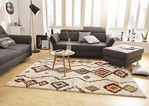 Hanse Home Mint Rugs Geometric High Pile Living Room Rug Soft Fluffy Long Pile Shaggy Flokati Boho Ethnic Design for Children's Room Bedroom Kitchen Hallway Cream Colourful 80 x 150 cm