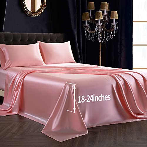 SiinvdaBZX 4Pcs Extra Deep Pocket Satin Sheet Set Queen Size for Double Bed, Ultra Silky Soft Blush Pink Satin Queen Bed Sheets Deep Fitted Sheet Set Fits 18-24 Inch Deep Pocket Mattress