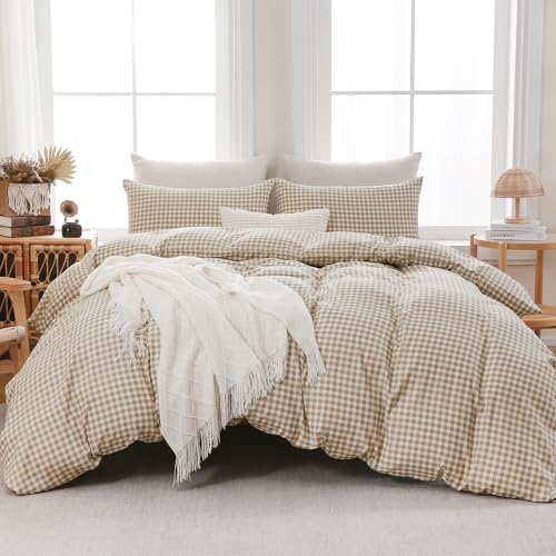 "YHJWW Brown Gingham Duvet Cover Bedding Set Prewashed Extra Soft Comfy Breathable 3 Piece Plaid Checkered Grid Vintage Comforter Cover Set Cute Aesthetic (Full 80""x90"", No Comforter)"