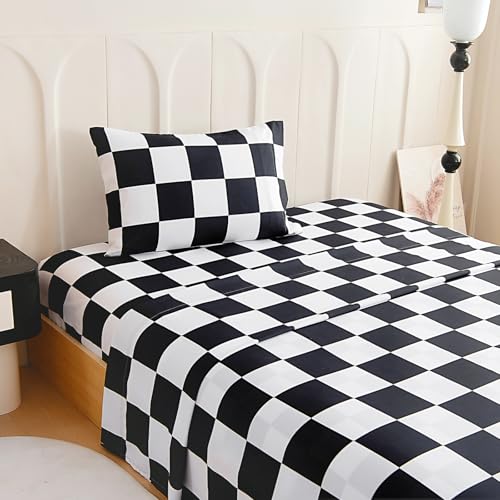 Homilay Full Sheet Set Kids - Black&White Plaid 4 Pieces Soft Microfiber Cartoon Style Bedsheets for Boys Girls Teens, Oeko TEX, Breathable Deep Pocket Sheets(Chequered Flag)