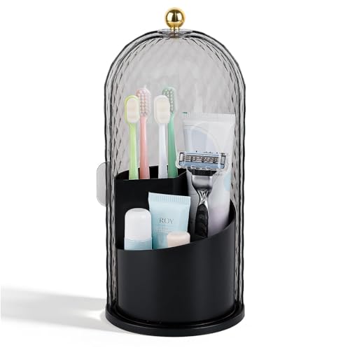 Toothbrush Holder with Cover for Bathroom Countertop, Rotating Organizer for Electric Tooth Brush and Toothpaste, 3-Slot Makeup Brush Storage, Self-Draining Vanity Counter Organizer, Black