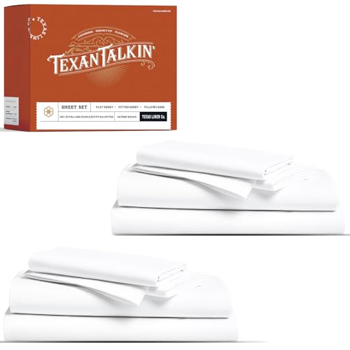"TEXAS LINEN CO. 100% Egyptian Cotton Queen Sheet Set Pack of 2 - Luxury 600 Thread Count Egyptian Cotton Sheets Queen Size (8 PC, White), Soft, Cooling, 16"" Deep Pocket Hotel Quality Bed Sheet Set"
