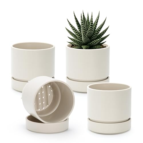 Phoenix Vine 4 Inch Planter Pot with Drainage Hole & Saucer, Deep Water Catch Tray, Straight Cylindrical Round Pot for Plants, Oatmeal, Pack of 4, 23-E-R-4