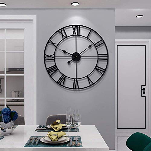LEIKE Large Modern Metal Wall Clocks Rustic Round Nearly Silent Little Ticking Battery Operated Roman Numerals Clock for Living Room/Bedroom/Kitchen Wall Decor-(Black, 47cm)