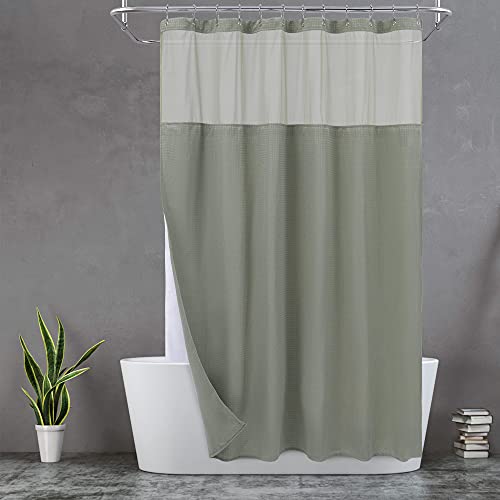 N&Y HOME Waffle Weave Shower Curtain Set with Button Down Lining and Hooks, Hotel Style Waterproof Washable Heavy Fabric Mesh Window Top 71 x 72 Inches Sage Green