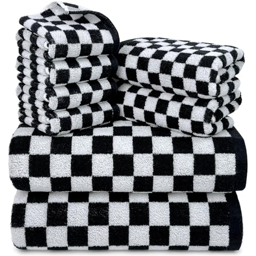 Jacquotha Black and White Towels Set of 8, Cute Checkered Towels for Bathroom Decor, 2 Bath, 2 Hand, 4 Washcloths, Cotton
