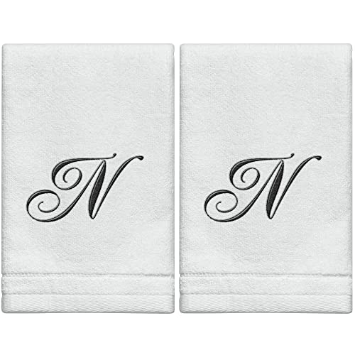 Monogrammed Towels Fingertip, Personalized Gift, 11 x 18 Inches - Set of 2- Black Embroidered Towel - Extra Absorbent 100% Cotton- Soft Velour Finish - For Bathroom/Kitchen/Spa- Initial N (White)
