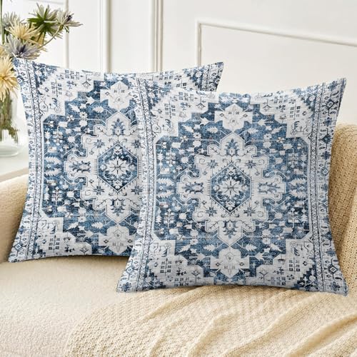 ZSYTZL Boho Throw Pillow Covers 20x20 inch Set of 2,Soft Pillowcases Bohemia Carpet Pattern Decorative Sofa Living Room Bed Square Pillow Case Cushion Cover-Blue White