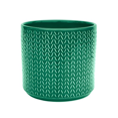 Ivyline Planter in Emerald Ceramic with Chevron Print - Tall Design and Slim Silhouette - Waterproof Indoor Round Flower Pot - H17 x D19 cm