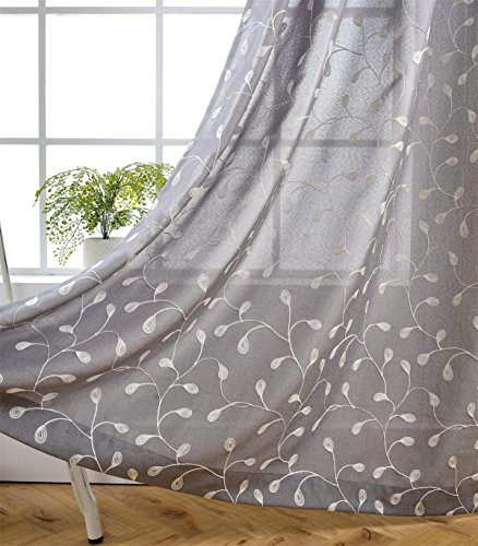 MIUCO Floral Embroidered Semi Sheer Curtains Linen Look Grommet Curtains for Living Room 52 x 84 Inch Set of 2, Grey