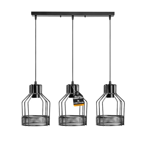LEDSone Industrial Pendant Light Fixture 3-Light Metal Cage Hanging Lamps 50cm Ceiling Bar 95cm Adjustable Cords for Kitchen Island, Dining Room, Bar, Cafe Lighting