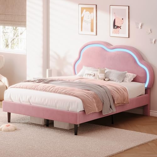 Ball & Cast 4ft6 Double Upholstered Bed with LED Adjustable Cute Cloud Headboard, Soft Velvet Bed Frame with Solid Wood Slat, No Box Spring Needed, Easy Assembly, Pink (No Mattress)