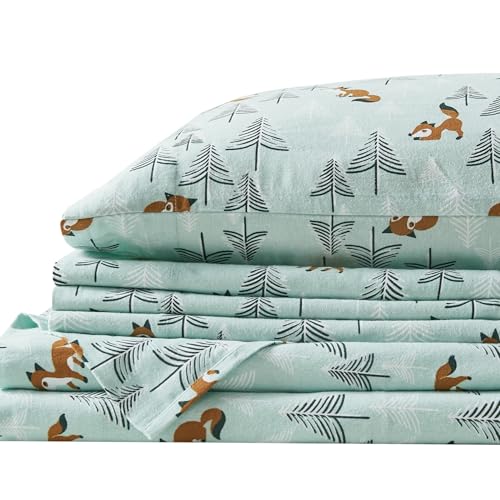 Comfort Spaces Cotton Flannel Breathable Warm, Deep Pocket Sheets with Pillow Case Bedding, Full, Seafoam Foxes 4 Piece