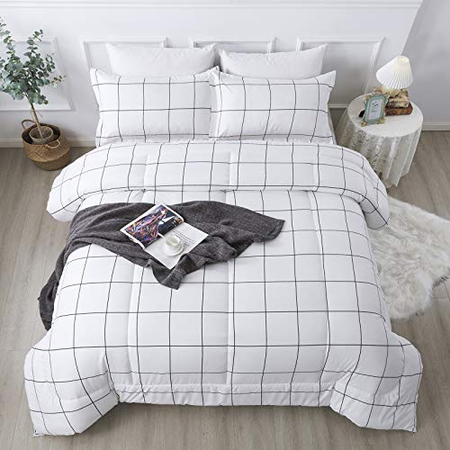 Andency White Grid Comforter Set Queen(90x90Inch), 3 Pieces (1 Plaid Comforter and 2 Pillowcases) White Plaid Comforter Set, Lightweight Microfiber Gingham Geometric Comforter Bedding Set