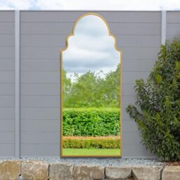 "MirrorOutlet The Arcus - Gold Framed Modern Full Length Arched Leaner Wall Garden Mirror 79"" X 33"" (200CM X 85CM) Silver Mirror Glass with Black All weather Backing."