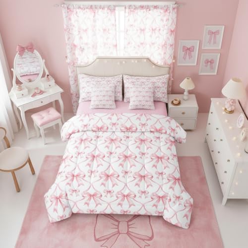 Erosebridal Pink Bows 7 Piece Bedding Set Twin Size Coquette Bowknot Bed in A Bag Bowtie Comforter with Sheets Preppy Princess Bed Sets