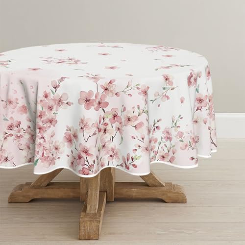 Horaldaily Spring Tablecloth 60??60 Inch Round, Pink Cherry Blossoms Washable Seasonal Table Cover for Party Picnic Dinner Decor