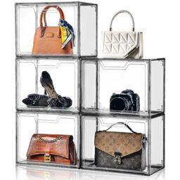 Stebopum Purse Organizer for Closet,Clear Acrylic Display Case for Handbag Organizer, Purse Storage Box with Magnetic Door, Dustproof Storage Bins for Book, Collectibles, Cosmetic (Grey, 5)