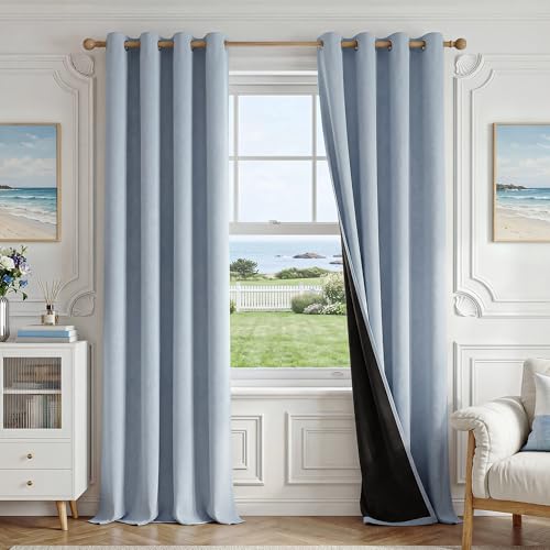 Fmfunctex 100% Blackout Smoky Blue Curtains 84 Inch Grommet Drapes 2 Panels - Black out Drapes, Thermal Insulated Noise Reducing, Textured Weave, Room Darkening, Window Curtain, for Living Room,Grommet