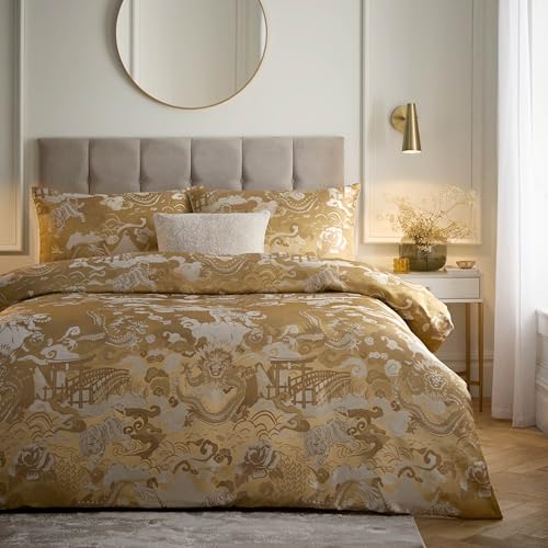 Paoletti Baransu Duvet Cover Set – Luxury Jacquard Oriental Textured Bedding (Gold – Double)
