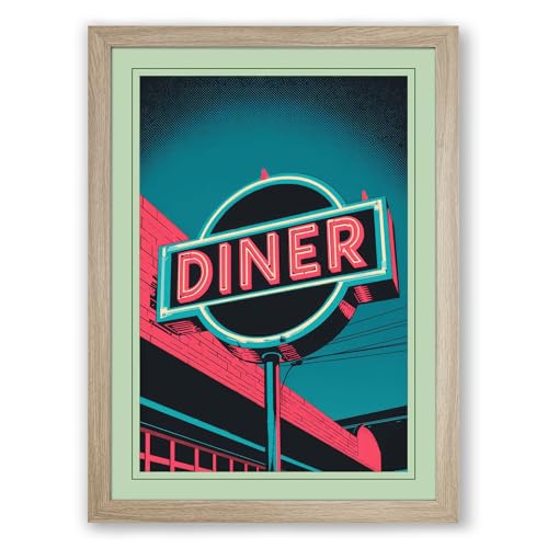Neon Diner Sign Retro Framed Wall Art Print A2 (59.4×42cm) Oak, Wall Decor for Living Room, Bedroom, Office & Home, Ready to Hang, Art Gift