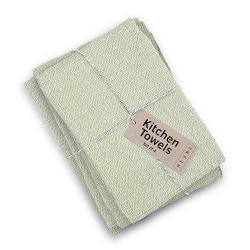 MEEMA Kitchen Towels and Dishcloths Sets of 4 - Large 18 x 28 Inch - Upcycled Cotton Tea Towels for Kitchen - Super Absorbent - Sage Green - Hand Towels