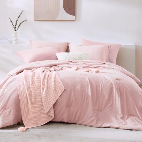 Full Size Comforter Sets-7 Pieces Ultra Soft Bed in a Bag Full Bedding Sets - Prewashed All Season Comforter with Sheets, Pillow Shams & Pillowcases,Pink