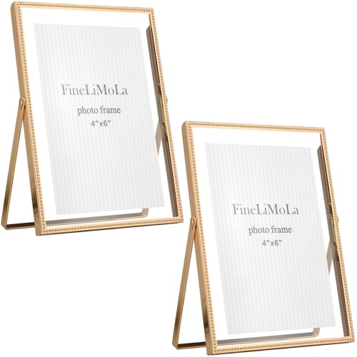 FineLiMoLa Gold 5x7'' Floating Frame 2Pack: 3.5x5'', 4x6'' Beaded Metal Edge Frames, Adjustable Tabletop/Shelf Photo Frame, Classy Wedding Gift and Home, Office Decor